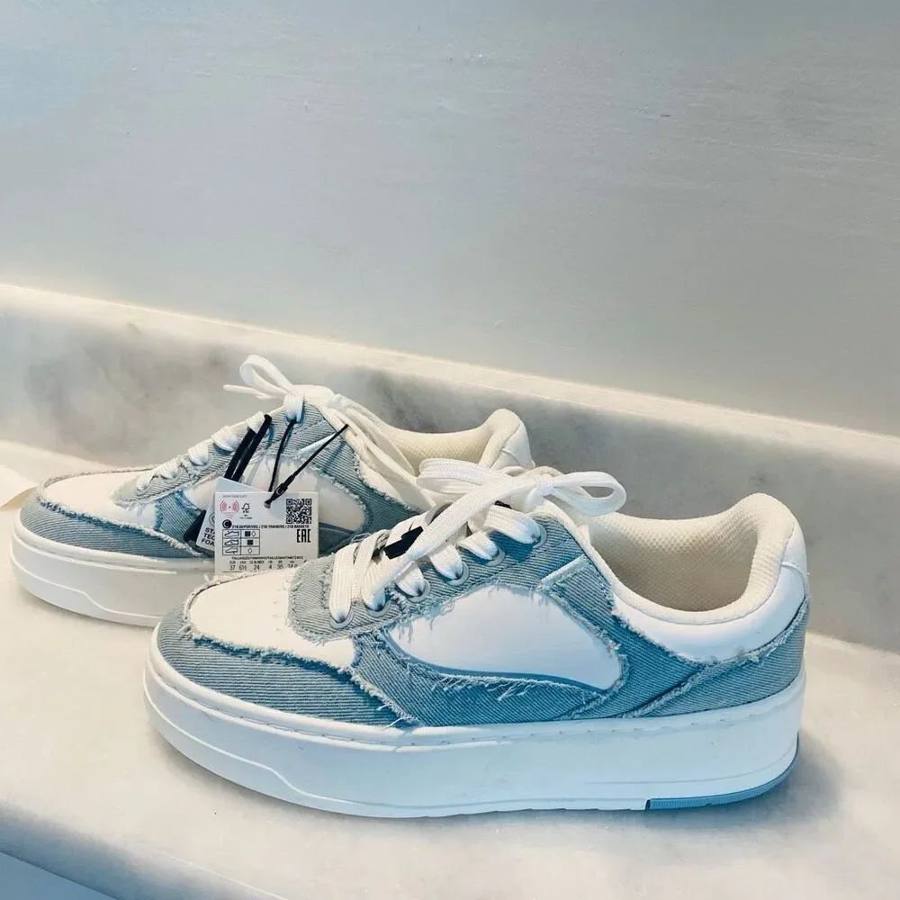 NWT Zara Retro Denim Lace Up Platform Trainers Sneakers Blue White Size 6.5